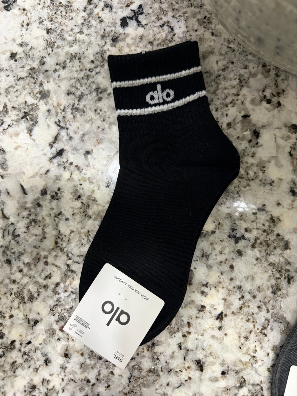 ALO Yoga Black Crew Socks with White Stripes and Logo